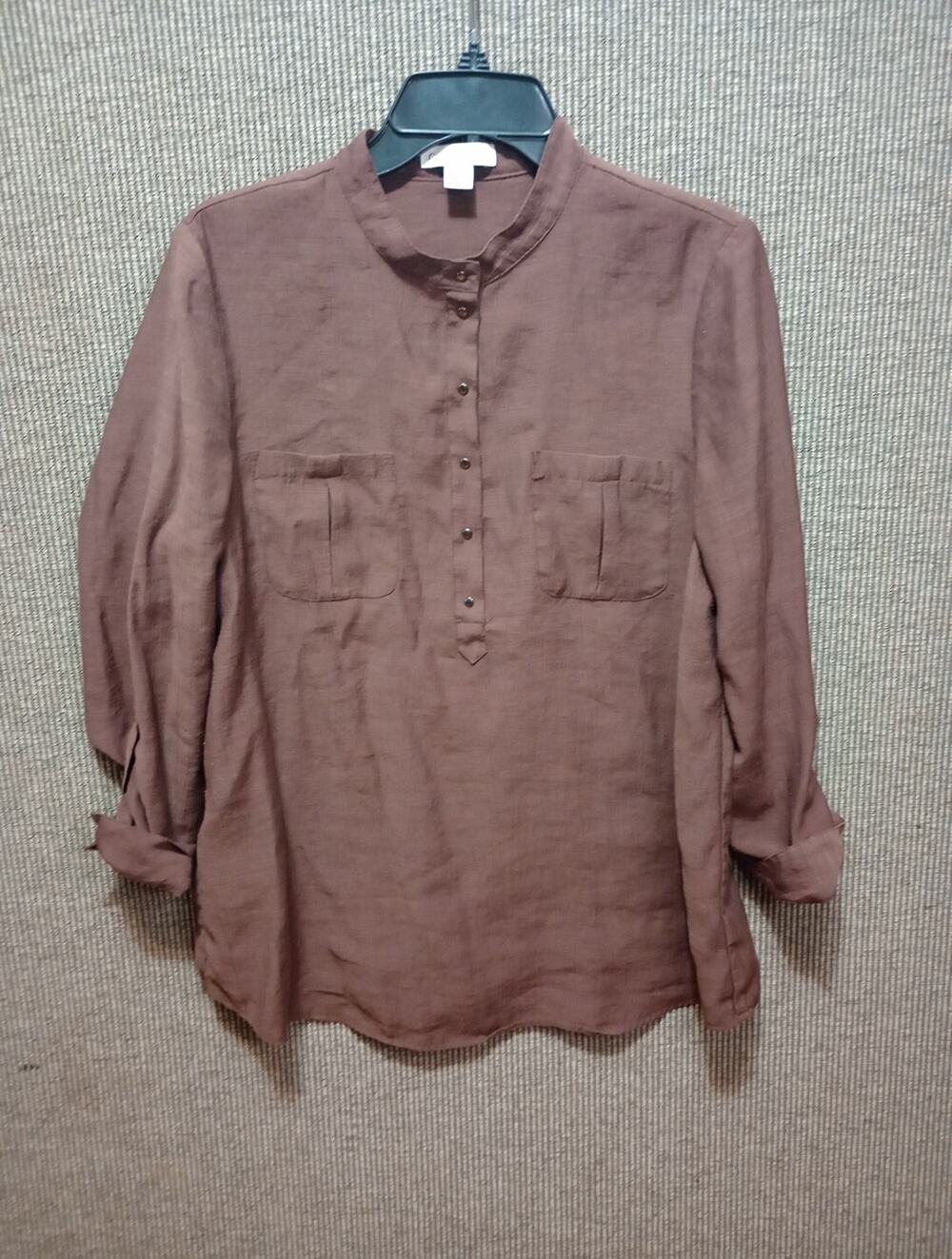 Coldwater Creek Size PL 14-16 Brown Henley Long Sleeve Pullover Blouse...